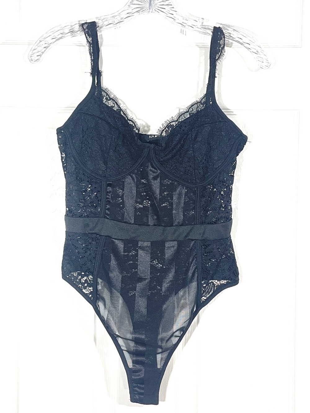Naanaa Black Lace Mesh Bodysuit | Sheer Corset Style | Size US 6 Goth Y2K